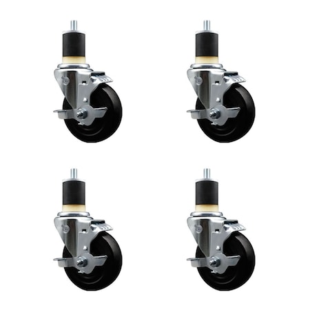 Service Caster 4'' Hard Rubber Swivel 1-7/8'' Expanding Stem Caster Set with Brake, 4PK SCC-EX20S414-HRS-TLB-178-4